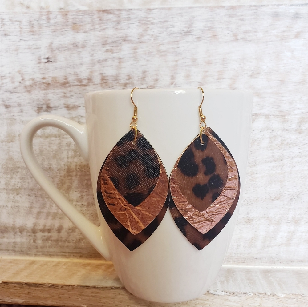 Faux Leather Animal Print/Rose Gold Earring (#115)